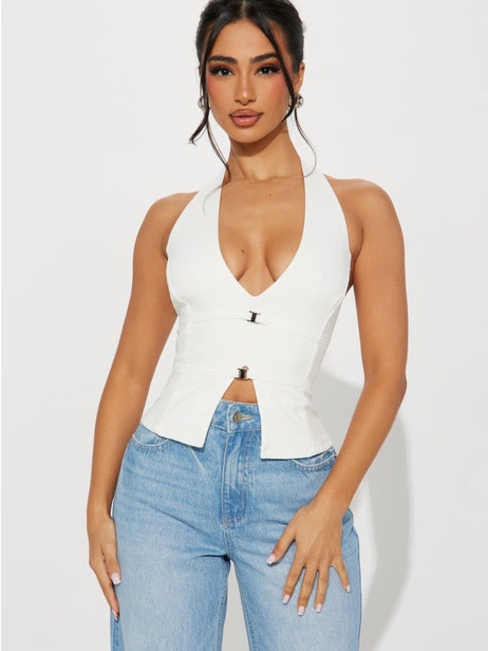 Fashion Nova White Halter Peplum Camisole with Front Clasps